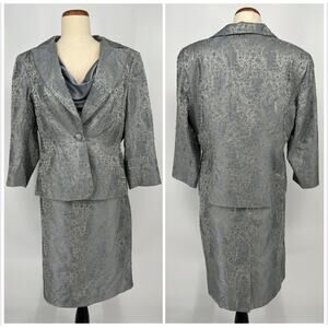 Adrianna Papell 3 Piece Silk Skirt Suit Beaded Blazer Cami Set Sz 14 Platinum